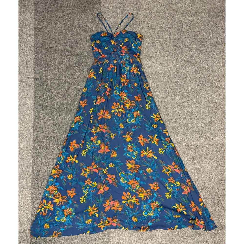 Free People Intimately Floral Maxi Dress Blue Orange Keyhole Smocked Back Large
